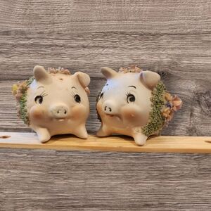 Vintage Lefton Rare 1950s 1960s Pig Salt Pepper Shakers Japan Floral Ceramic